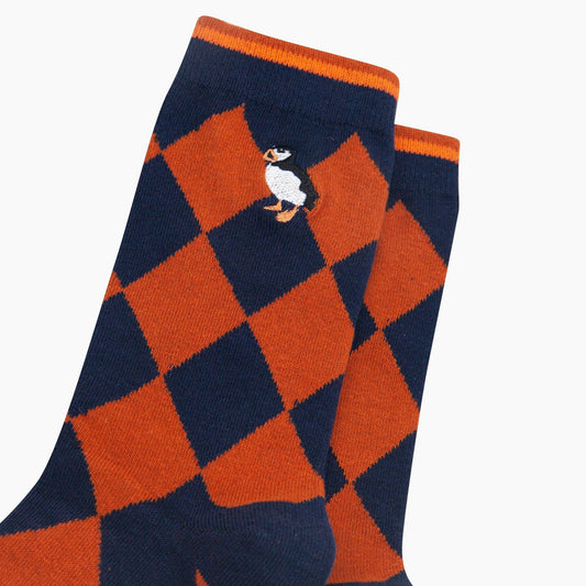 Embroidered Puffin Argyle Combed Cotton Socks