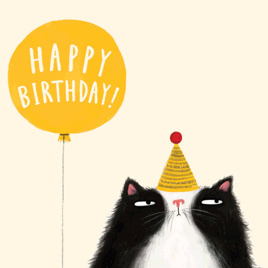 Cat Birthday Balloon Yellow Greeting Card
