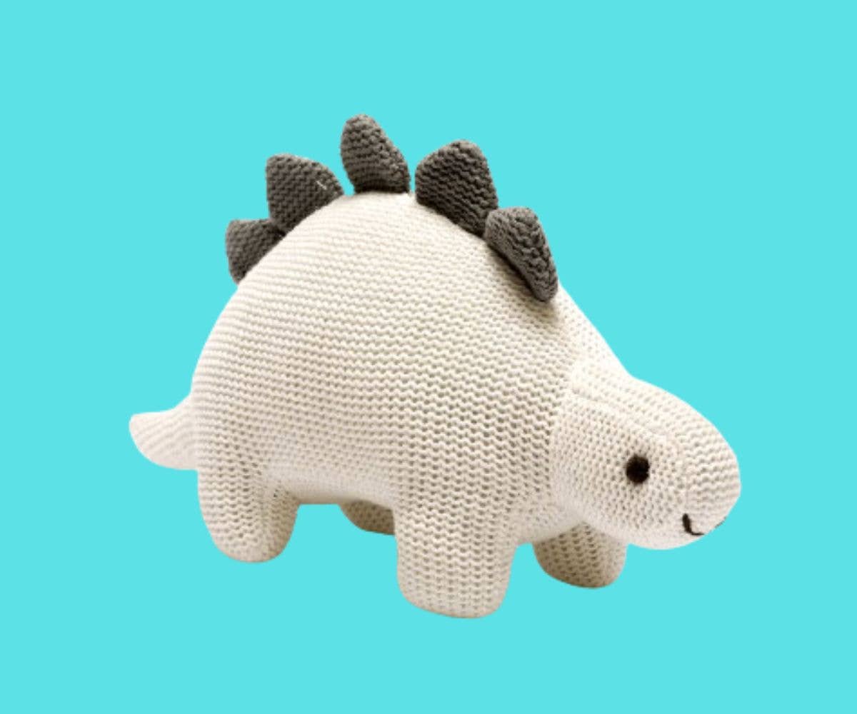 White Organic Cotton Knit Stegosaurus Dinosaur Rattle