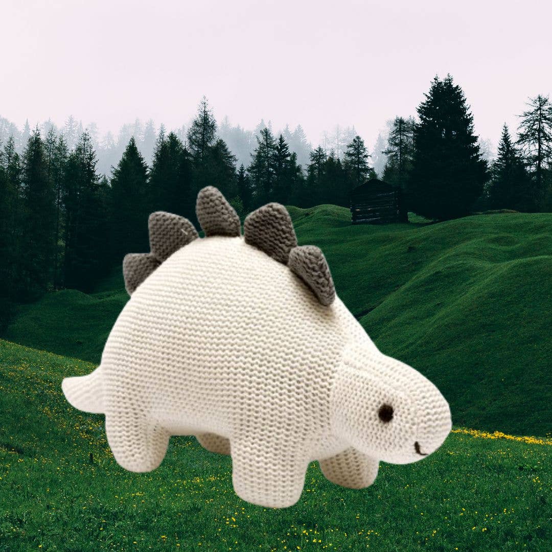 White Organic Cotton Knit Stegosaurus Dinosaur Rattle