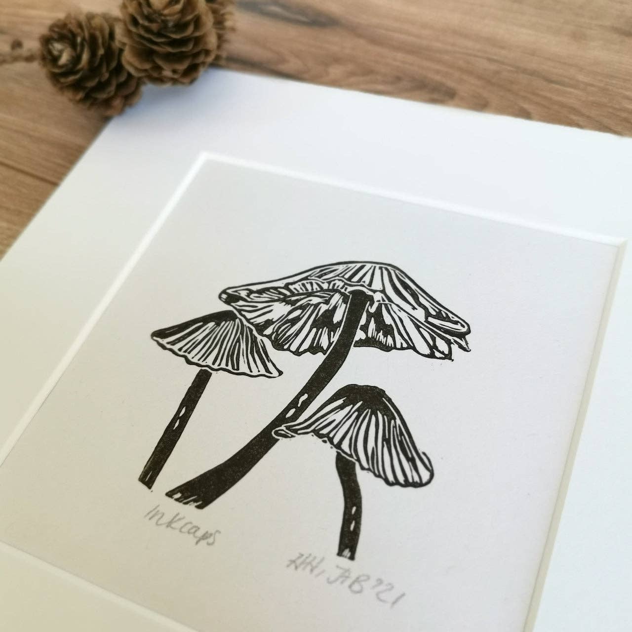 Inkcap Fungi Hand Printed Lino Art Print
