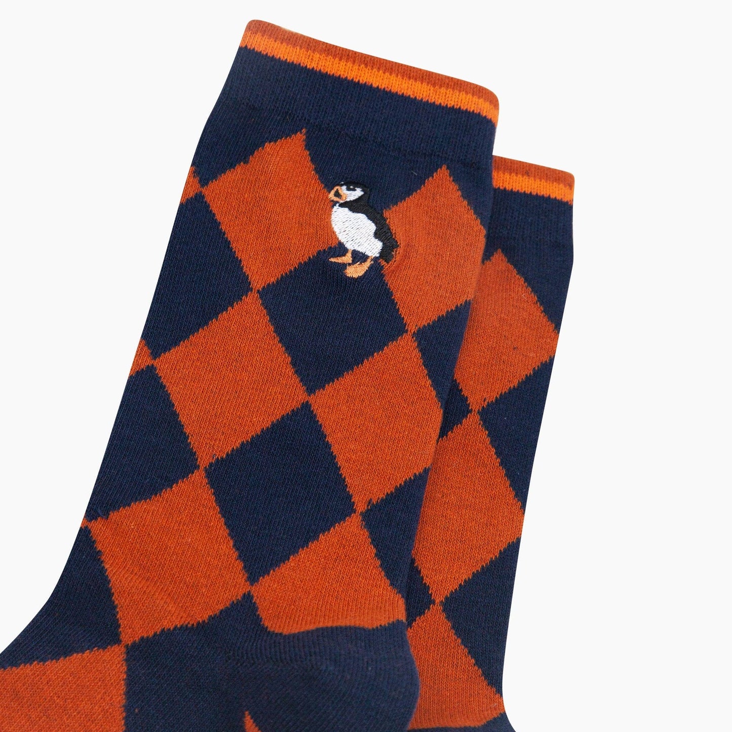 Embroidered Puffin Argyle Combed Cotton Socks
