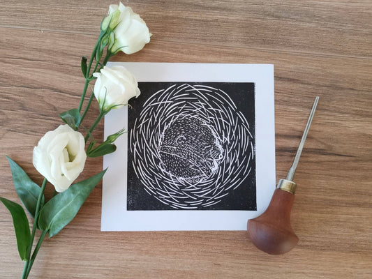 Sleepy Torpid Hazel Dormouse Linocut Print