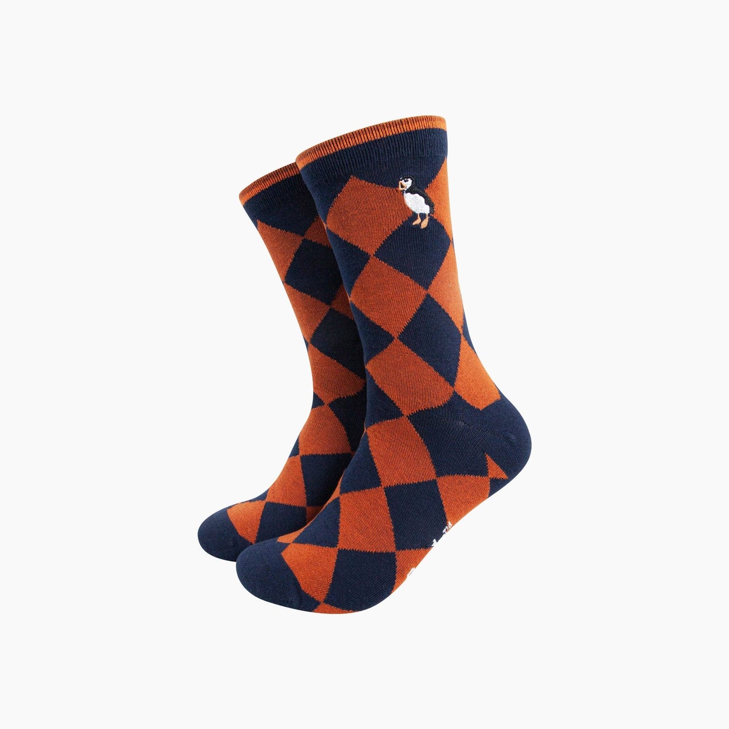Embroidered Puffin Argyle Combed Cotton Socks