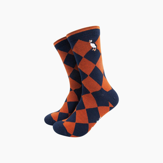 Embroidered Puffin Argyle Combed Cotton Socks