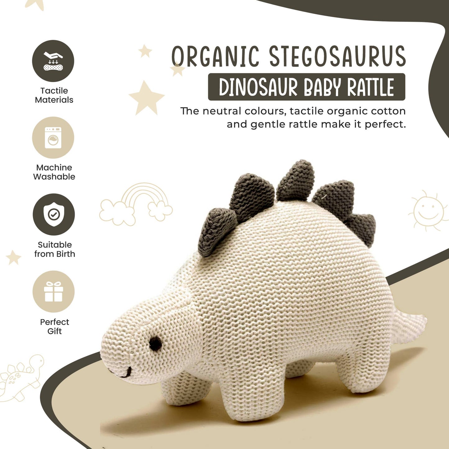 White Organic Cotton Knit Stegosaurus Dinosaur Rattle