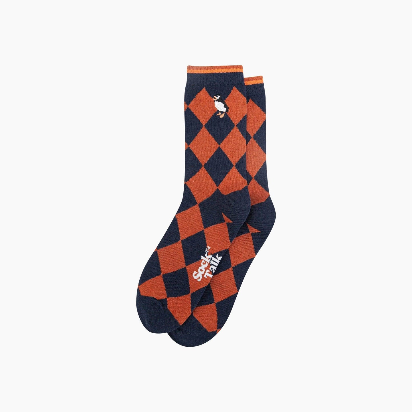 Embroidered Puffin Argyle Combed Cotton Socks