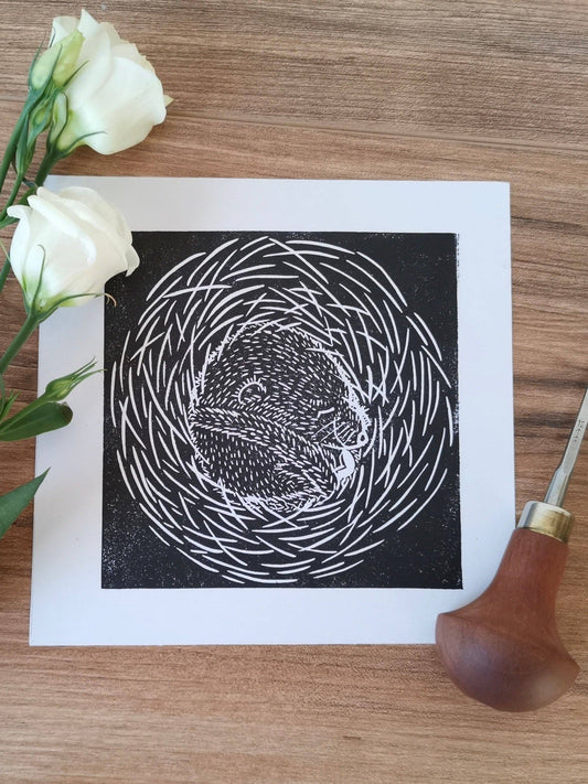 Sleepy Torpid Hazel Dormouse Linocut Print