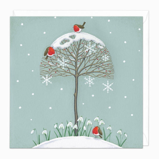 Robins On A Tree Christmas Card