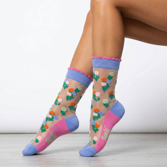 Floral Posy Combed Cotton Sheer Pop Socks