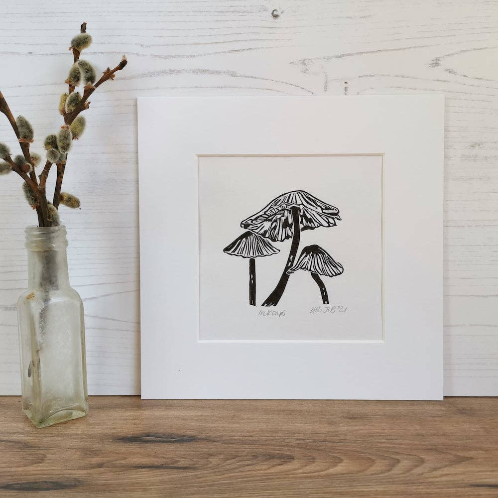 Inkcap Fungi Hand Printed Lino Art Print