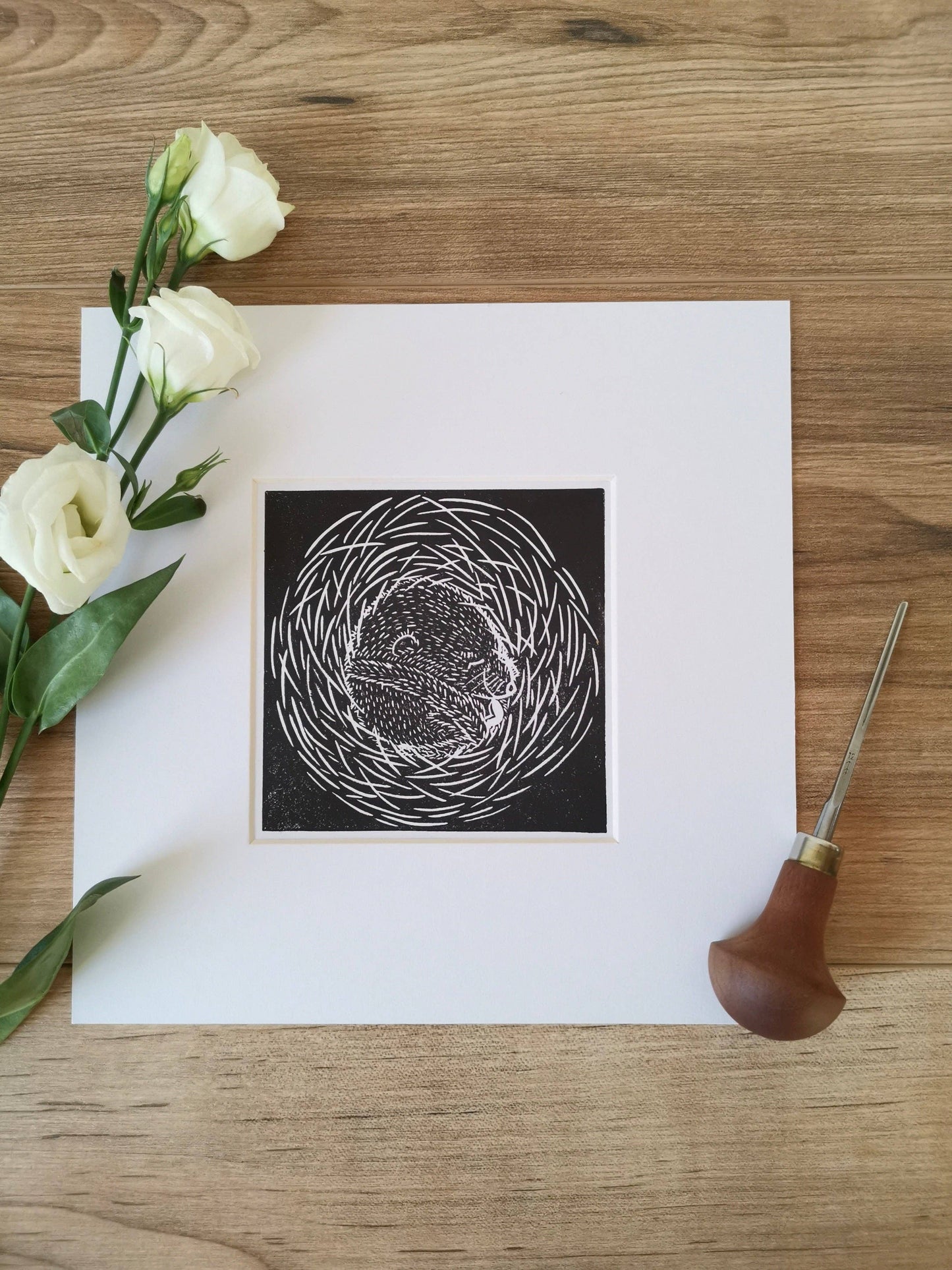 Sleepy Torpid Hazel Dormouse Linocut Print