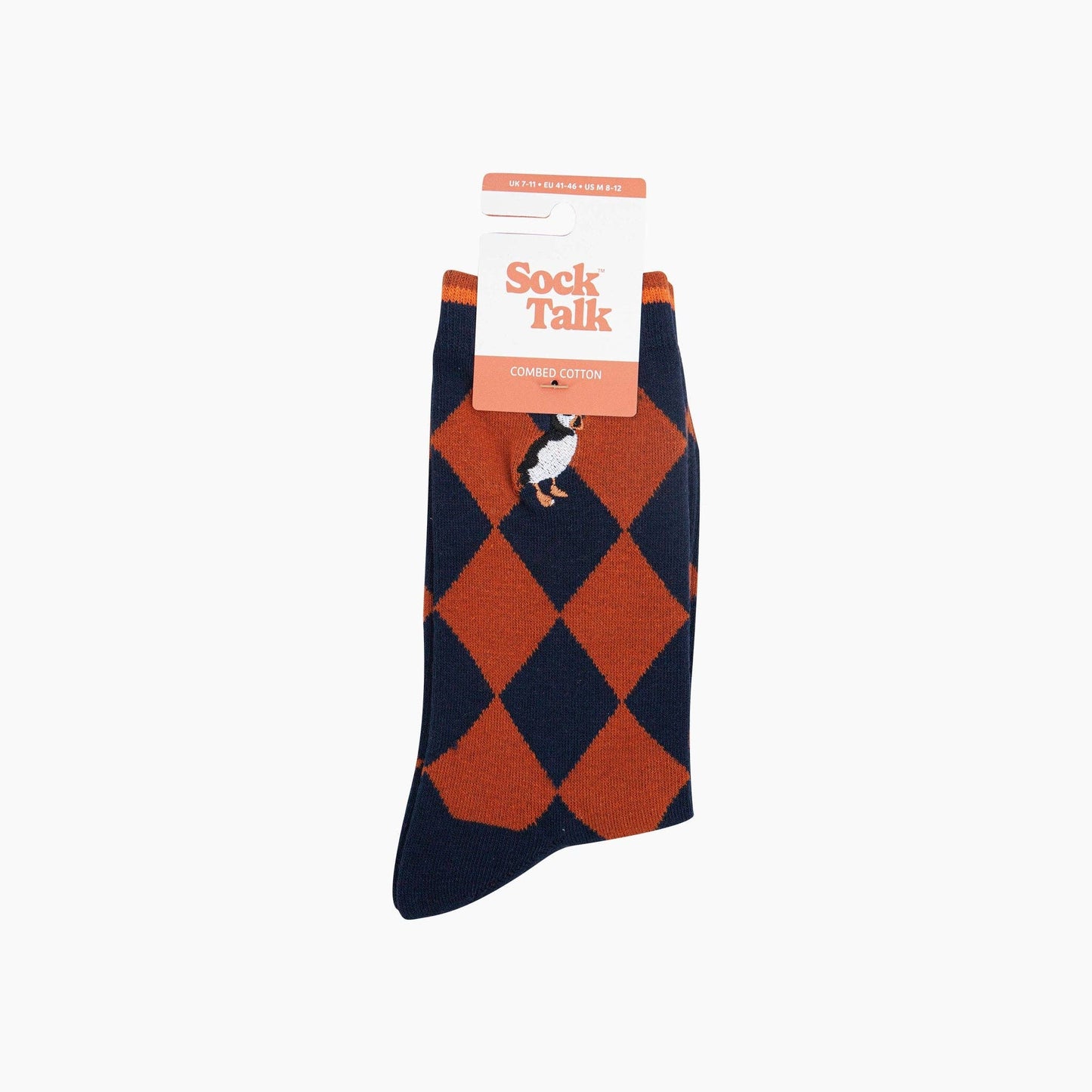 Embroidered Puffin Argyle Combed Cotton Socks
