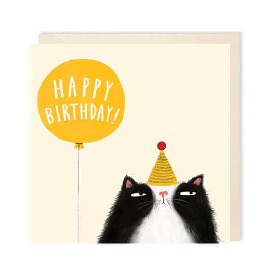 Cat Birthday Balloon Yellow Greeting Card