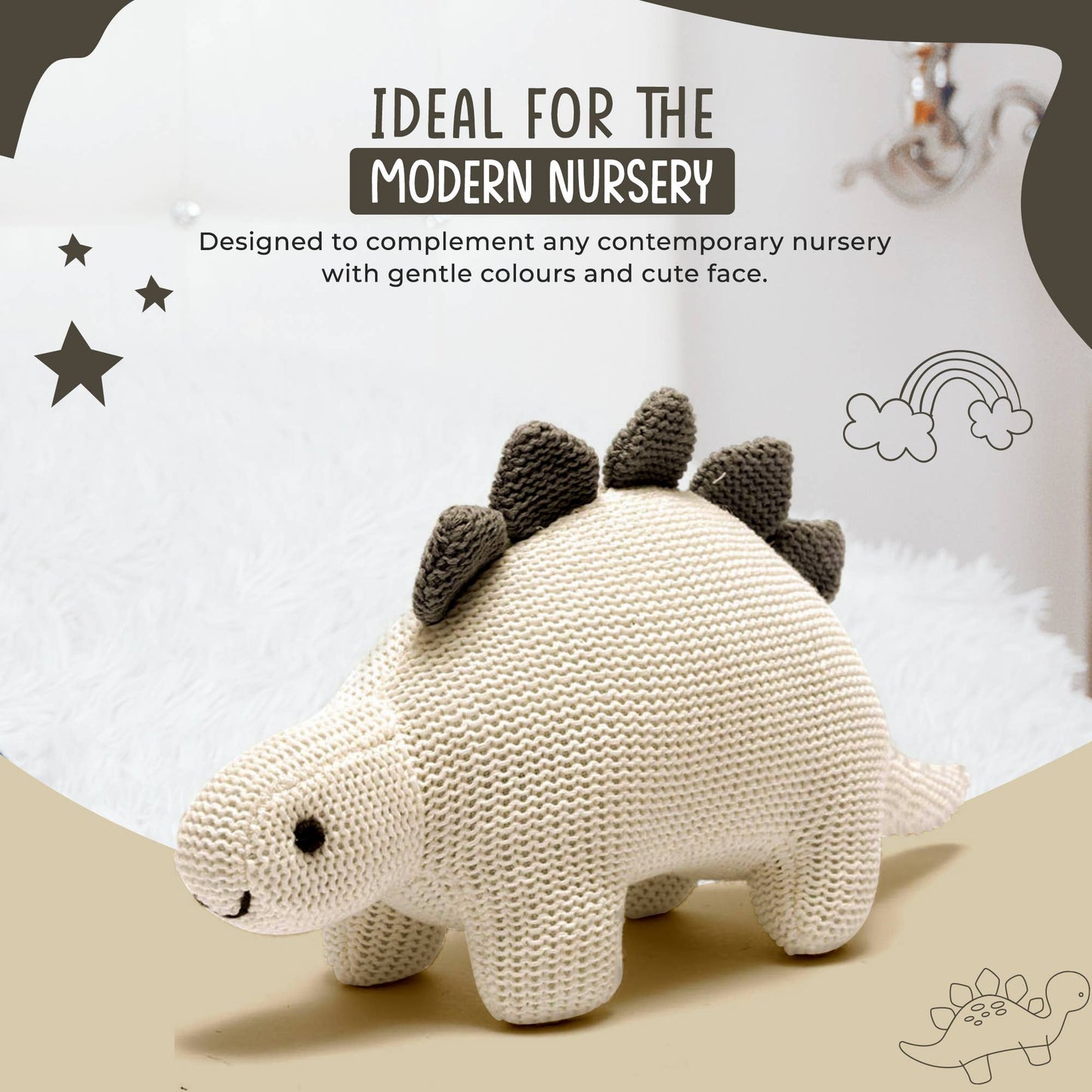 White Organic Cotton Knit Stegosaurus Dinosaur Rattle