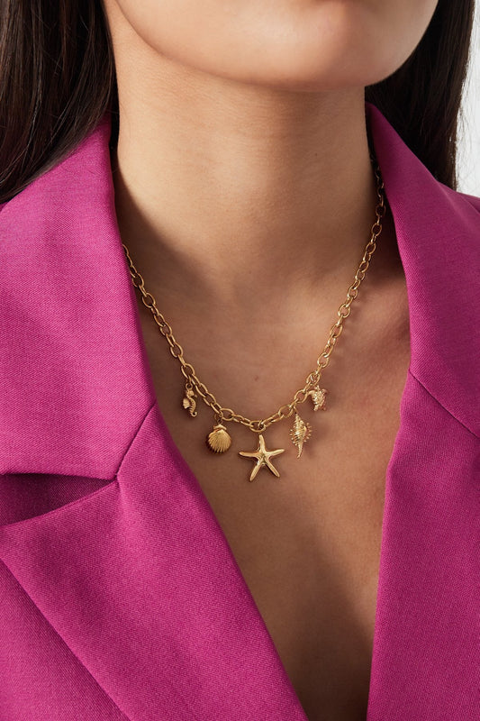 Coastal Charm Starfish Seahorse Turtle Gold Necklace
