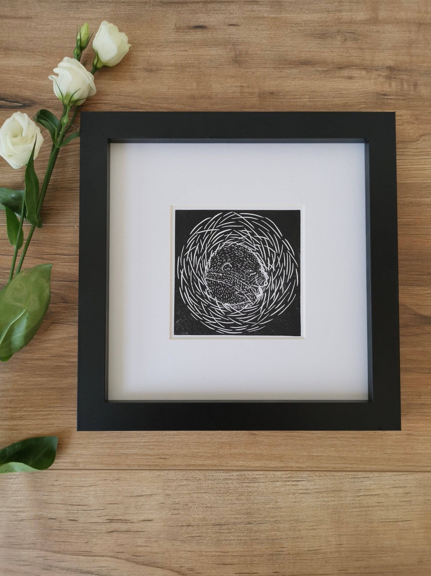 Sleepy Torpid Hazel Dormouse Linocut Print