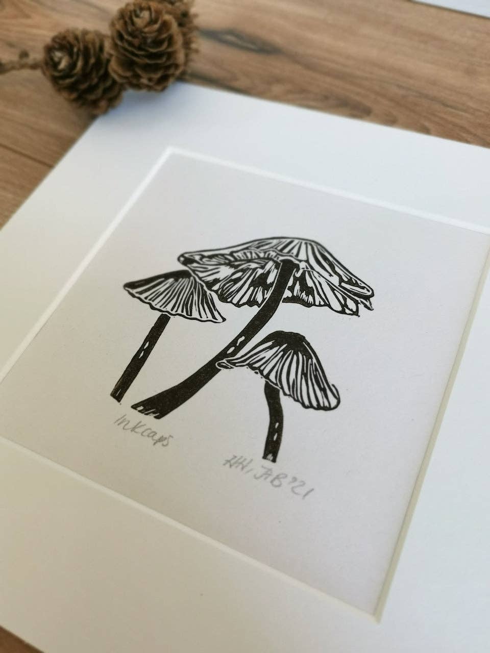Inkcap Fungi Hand Printed Lino Art Print