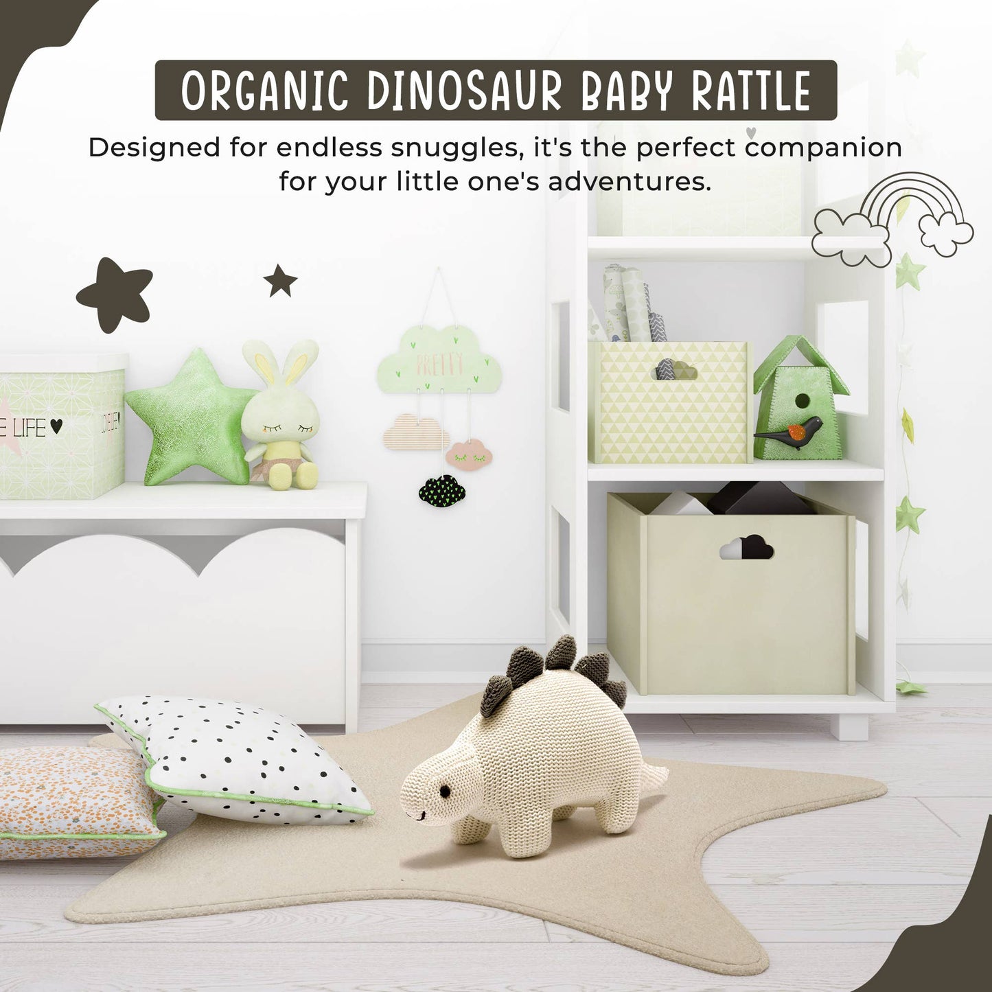 White Organic Cotton Knit Stegosaurus Dinosaur Rattle