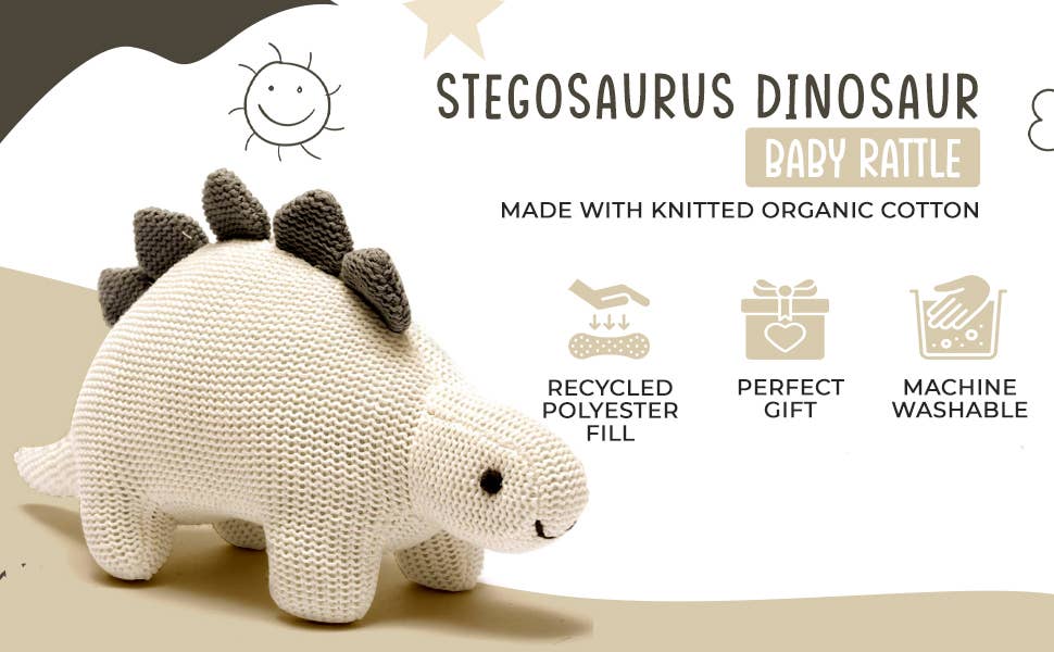White Organic Cotton Knit Stegosaurus Dinosaur Rattle