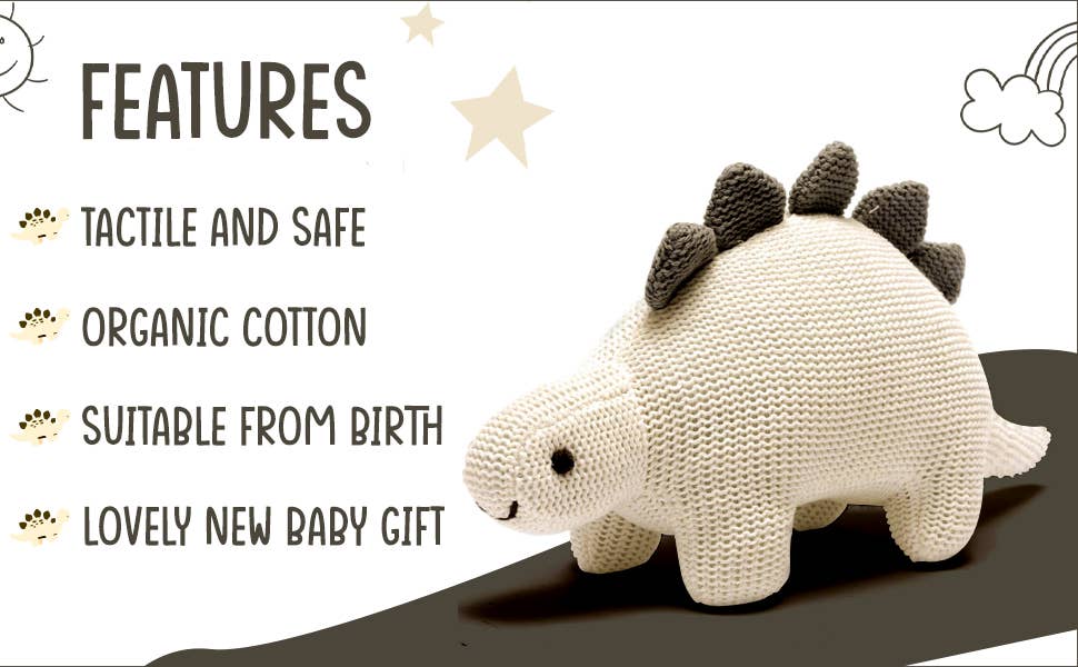 White Organic Cotton Knit Stegosaurus Dinosaur Rattle