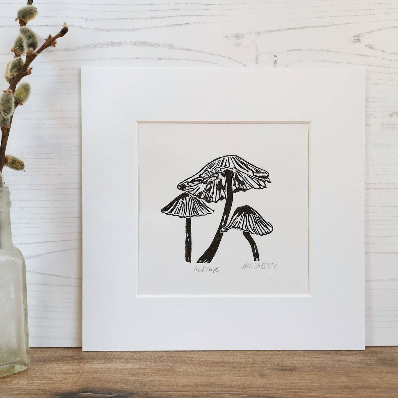Inkcap Fungi Hand Printed Lino Art Print