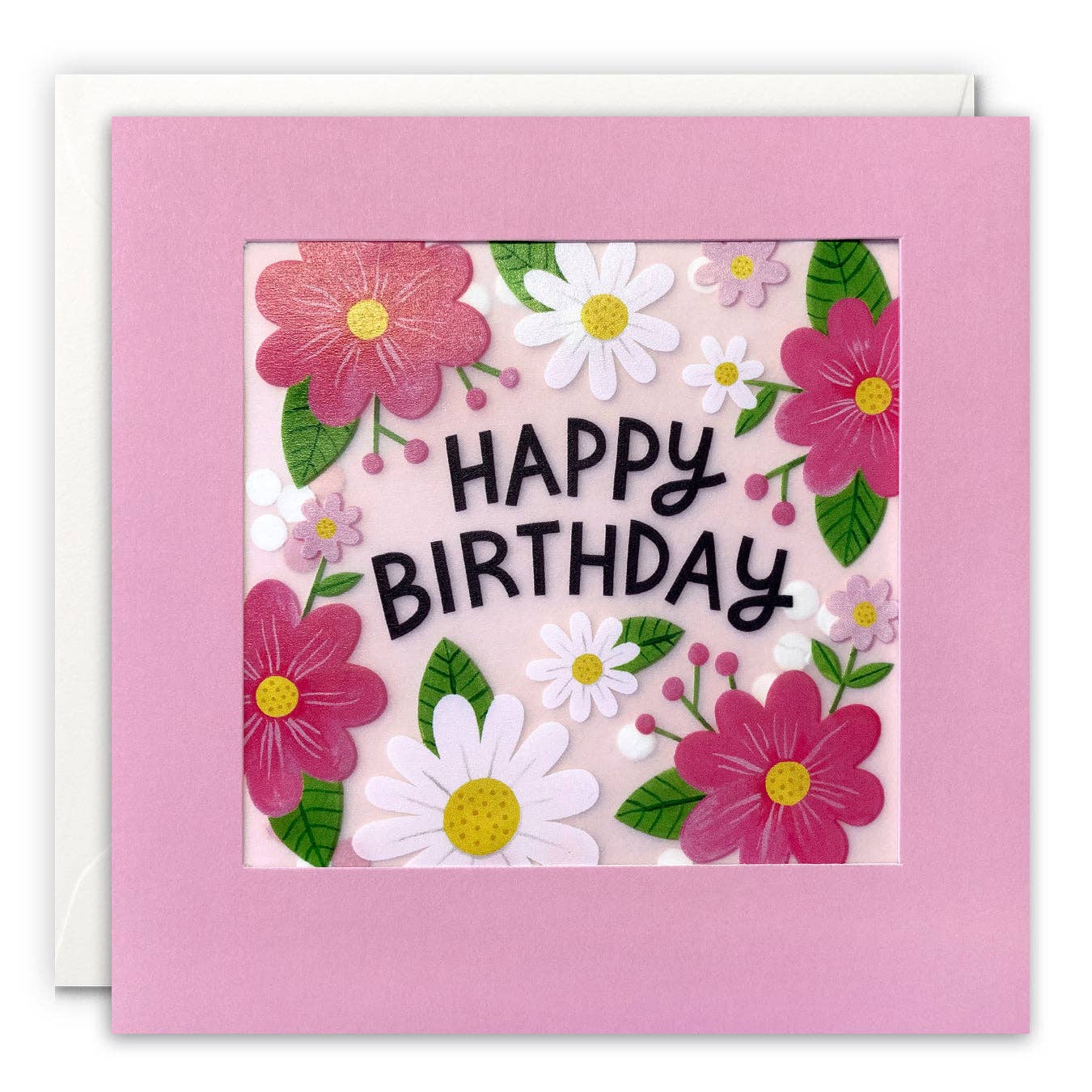 Pink & White Flowers Confetti Birthday Card