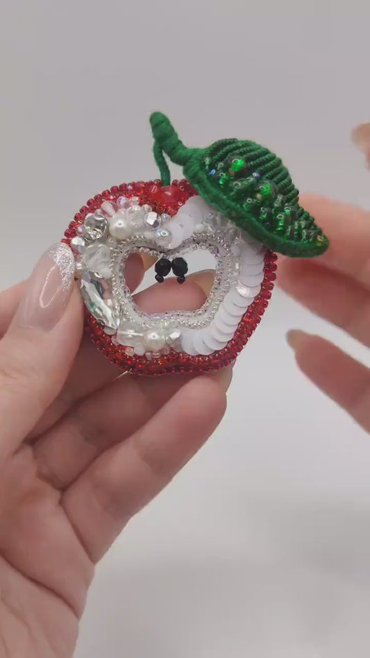 Handmade Beaded Apple Brooch